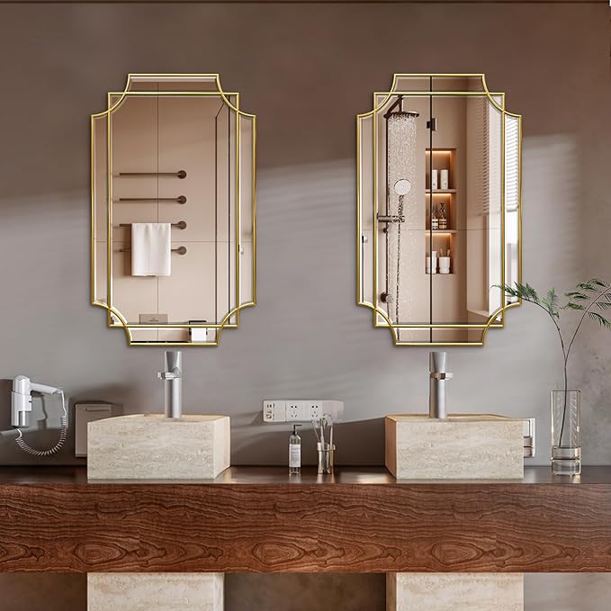 HQiJun 30x20 Inch Gold Bathroom Mirror, Wooden Frame