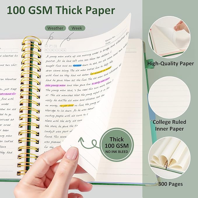 Hardcover Spiral Notebook Journal, 8"x10" Large B5 Notebooks with Removable Dividers Tabs, 300 Pages Leather 5 Subject Notebook College Ruled, Journal for Work School Note, 100 GSM Thick Paper,Green.