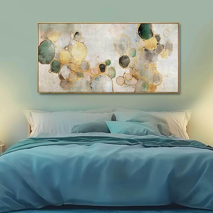 Gold Circle Modern Artwork Framed Abstract Wall Art Green Canvas Decor 24"x48"