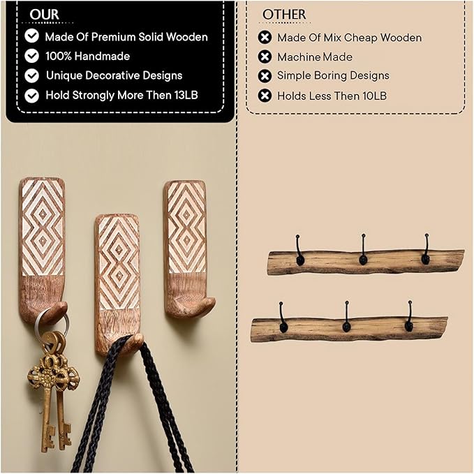 IndianShelf 10 LB- 6 Pieces Decorative Wood Adhesive Wall Hooks–Boho Peel and