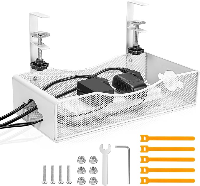 Extra Wide Under Desk Cable Management - No Drill Installation Cable Management Tray, Modern Cord Organizer for Office/Home Desk, Fits Power Strips & Wires((White, XL)