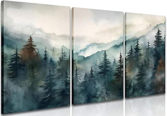 AKWISH Framed Green Forest Canvas Wall Art Set of 3, Boho Misty Watercolor Pine