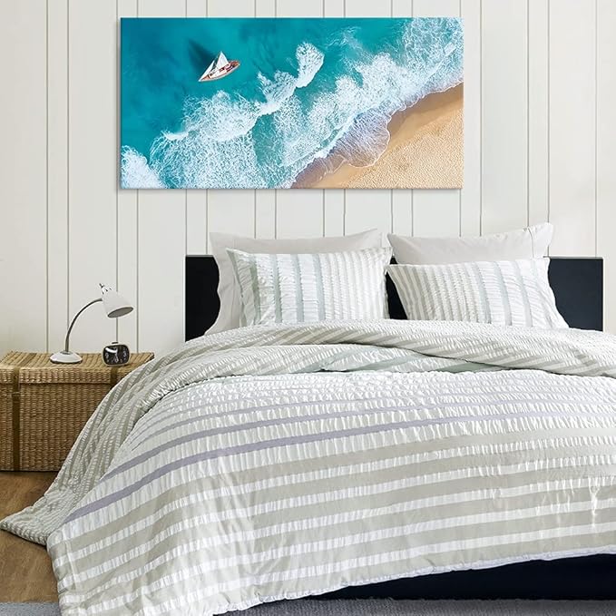 Goldfoilart Blue Ocean Sea Beach Canvas Wall Art Sailboat Painting Print on