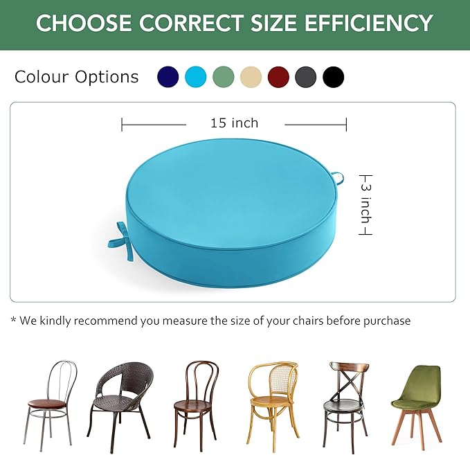 Summsun Outdoor Bistro Chair Cushions Set of 2, 15" D x 3" H Round Chair Cushions Waterproof and Fade Resistant Chair Cushion Pads with Non-Slip Ties and Removable Covers for Garden, Teal