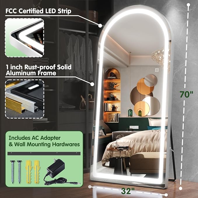 FENNIO Full Length Mirror with Lights, Free Standing Lighted Floor Mirror