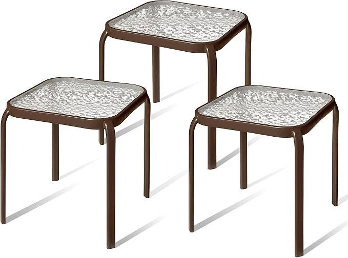Bronze Metal Outdoor Side Table with Tempered Glass Top Set of 3 â Elegant Small 16" Square Patio Table â Durable Weather-Resistant Coffee Bistro Accent End Table for Outside and Garden