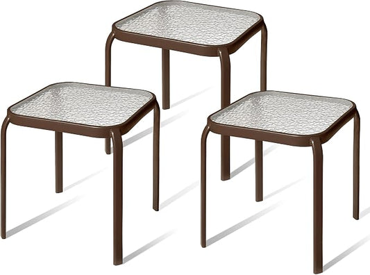 Bronze Metal Outdoor Side Table with Tempered Glass Top Set of 3 â Elegant Small 16" Square Patio Table â Durable Weather-Resistant Coffee Bistro Accent End Table for Outside and Garden