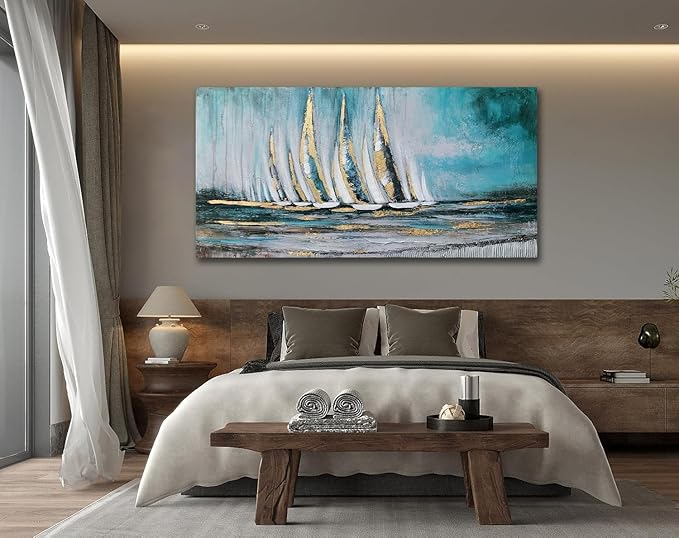 Anolyfi Blue Abstract Canvas Wall Art Teal Ocean Sailboat Picture Modern