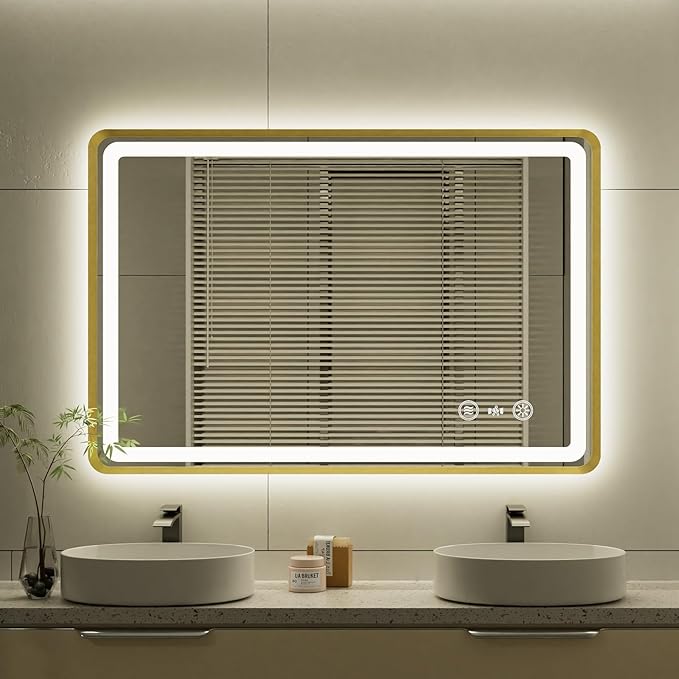 24x36 Inch Gold Framed LED Bathroom Mirror, Smart Bathroom Mirror