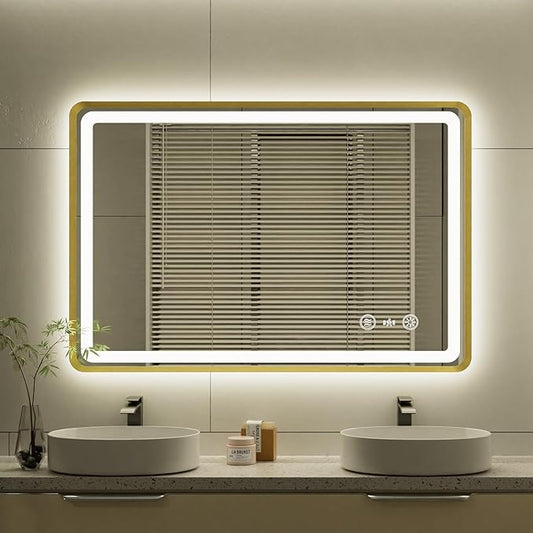 24x36 Inch Gold Framed LED Bathroom Mirror, Smart Bathroom Mirror
