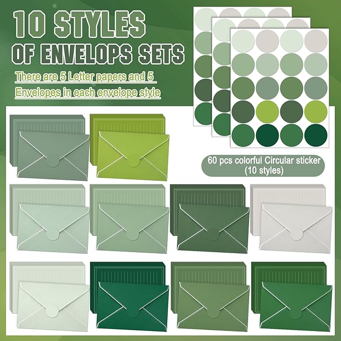 TaoBary 160 Packs Stationery Paper Set (50 Double Sided Stationery Writing Papers 50 Matching Envelopes) 60 Round Dot Sticker, 10 Design (5.5 x 8.25 Inch,Sage Green Color)
