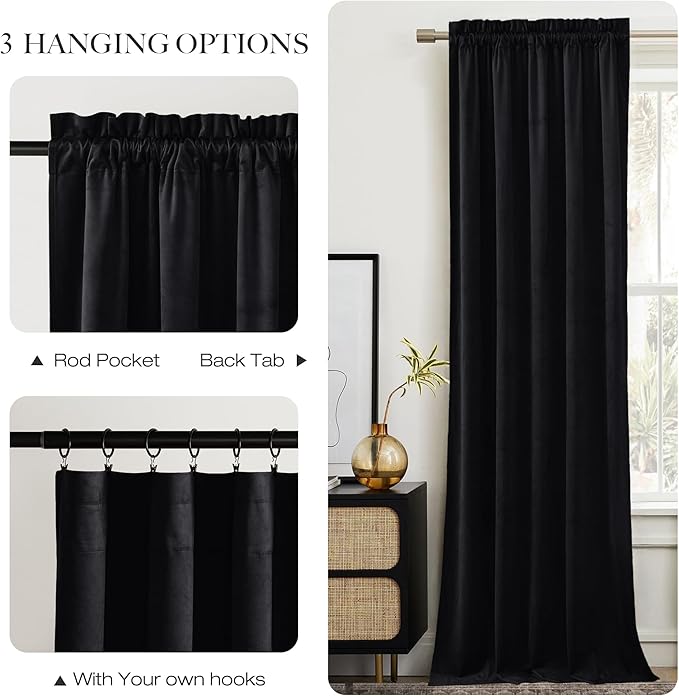 NICETOWN Black Blackout Extra Long Velvet Curtains 120 inches Long
