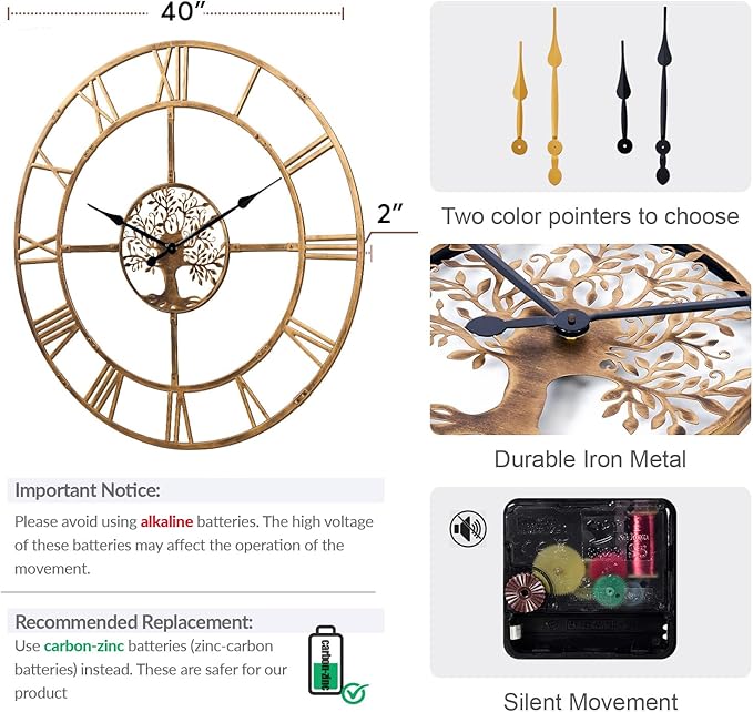 40 Inch Large Wall Clock for Living Room – Bronze Metal Clock