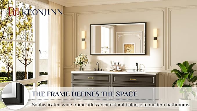 Keonjinn 55" x 30" Black Bathroom Vanity Mirror, Beveled Edge Tempered Glass