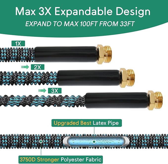 Expandable Garden Hose 100ft with 10 Function Nozzle, 2026 No Kink Water Hose 100 ft, Leak-proof Sturdy Brass Fittings, Durable 3750D Fabric, Lightweight, Flexible for Outdoor Watering, Car Washing