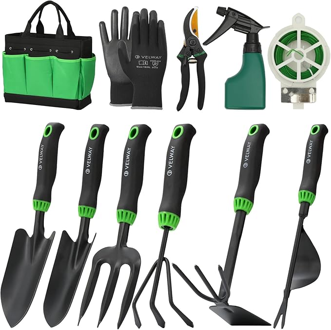 Velway Garden Tools Set -11-Piece Heavy Duty Hand Tool Kit with Ergonomic Handles, Rust-Proof, Carry Tote Bag â Gardening Gifts for Women & Men (Green)