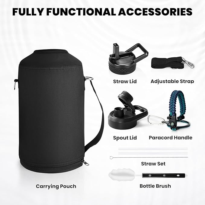 One Gallon Water Bottle Insulated, Triple Walled Vacuum Stainless Steel (Cold for 48 Hrs), Leak Proof & Non-BPA, Large Water Flask Jug with Paracord Handle & Straw Spout Lids