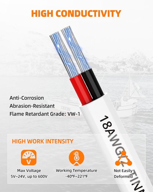 CONEPY 18 Gauge Marine Wire - 18/2 Duplex Marine Grade Cable | IP68 Waterproof Tinned Copper (500FT)