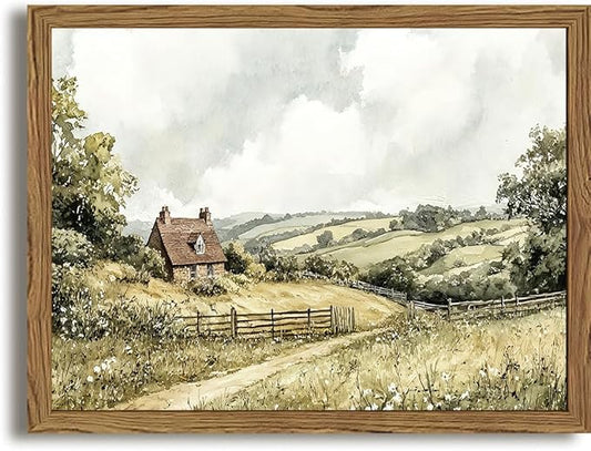 Framed Vintage Canvas Wall Art, Cottage Landscape Wall Decor Paintings