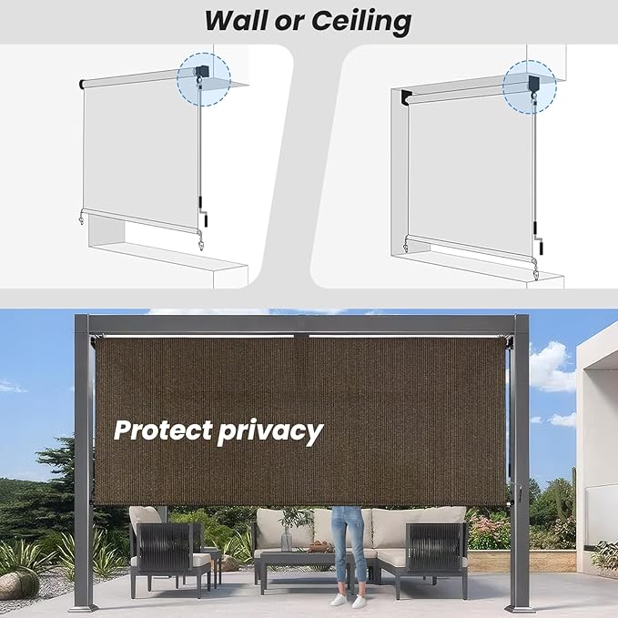 7'W x 8'H Mocha Patio Shades Roll up Outdoor Roller Shade Crank Wand Blind