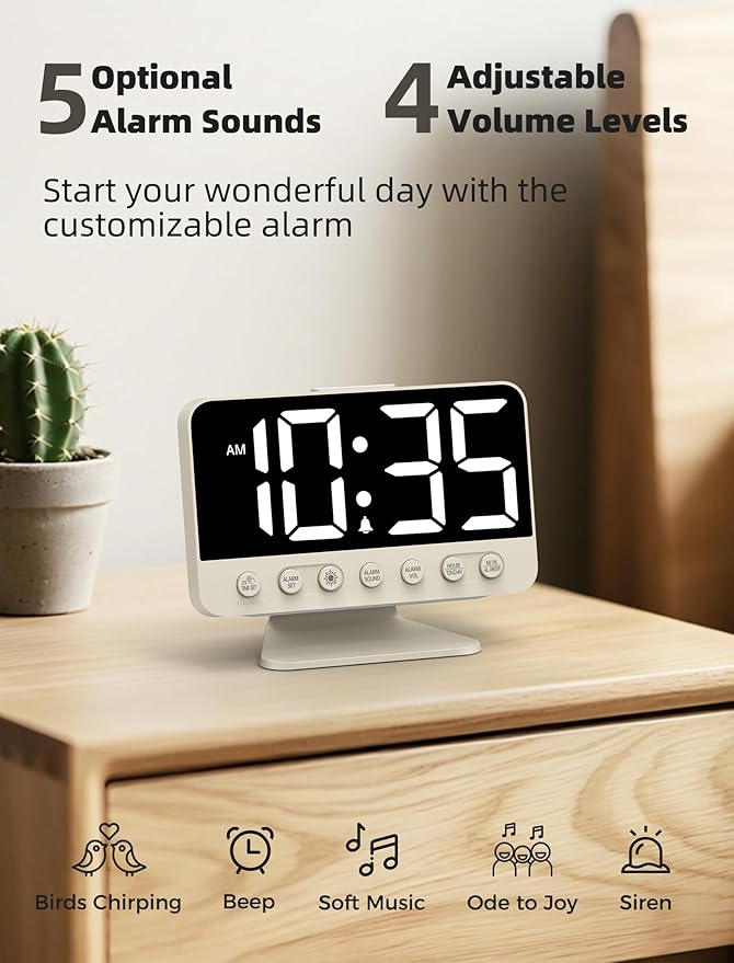 Odokee Digital Alarm Clocks for Bedrooms: Large Bold Number 5 Brightness Dimmer
