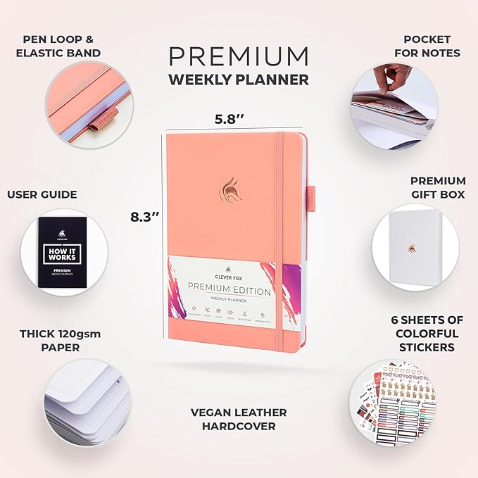 Clever Fox Planner Premium Edition – Undated Luxurious Weekly & Monthly Planner to Increase Productivity and Hit Your Goals – Organizer – Start Anytime, A5, Lasts 1 Year, Light Pink (Weekly)