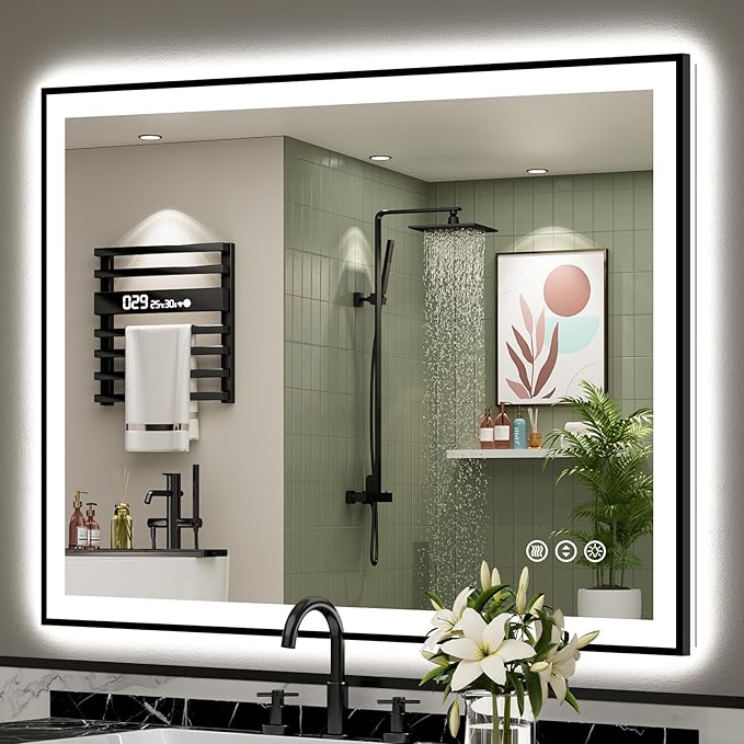 44x36 Black Framed LED Bathroom Mirror