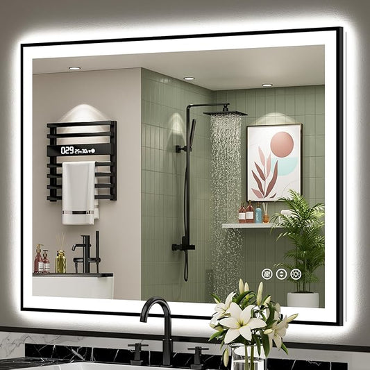 44x36 Black Framed LED Bathroom Mirror