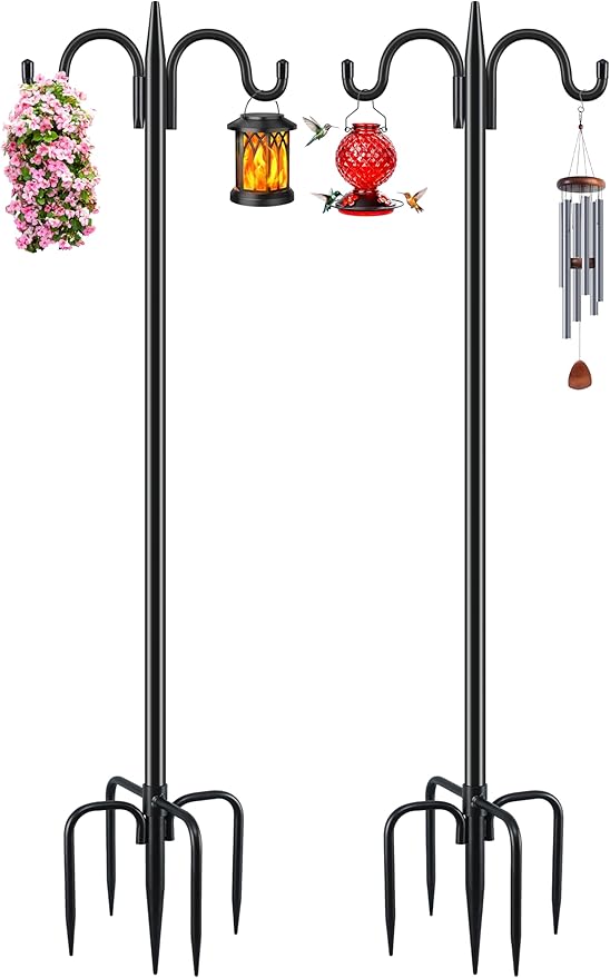 Gtongoko Bird Feeder Pole for Outdoors Heavy Duty, 2 Pack 108 Inch Double Shepherds Hook with 5-Prong Stable Base, 3/4 Inch Thick Hummingbird Feeder Stand for Hanging Plants, Lanterns