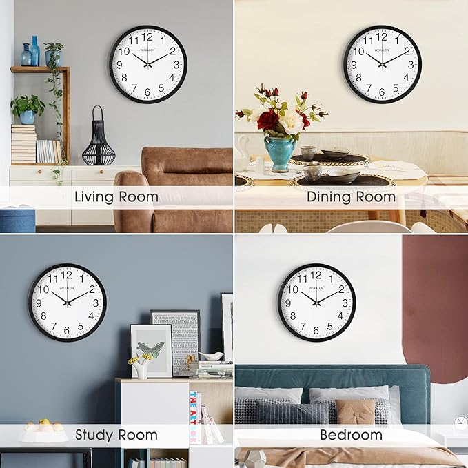 WISKALON 10 inch Silent Non-Ticking Elegant Black Frame Wall Clock, Classic