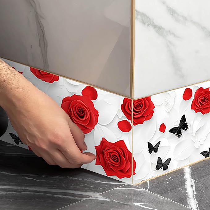 IVN Red Rose Black Butterfly Peel and Stick Wallpaper Border 4 x 196 Inch Self