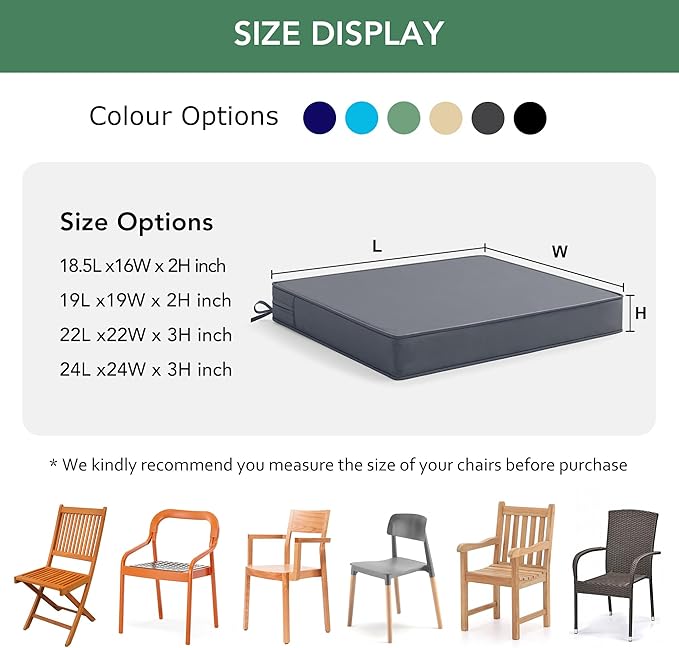 Outdoor Chair Cushions Set of 6: Waterproof & Fade Resistant Deep Seat Cushion for Patio Furniture - 24 x 24 Inch Chair Pads with Ties and Hidden Zipper - Patio Chair Cushion Replacement, Dark Grey