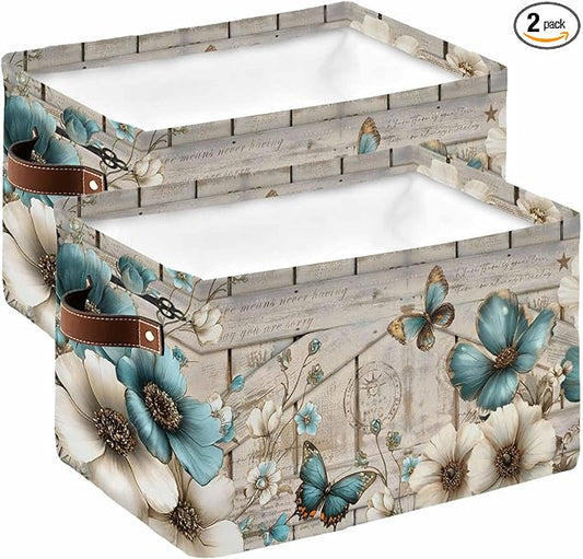 Teal Tulip Butterfly Storage Bins Cubes Waterproof Cloth Storage Basket,Beige Turquoise Floral Farmhouse Wooden Foldable Storage Bags for Shelf Storages Organizers with Handles 15x11x9.5 in 2PCS