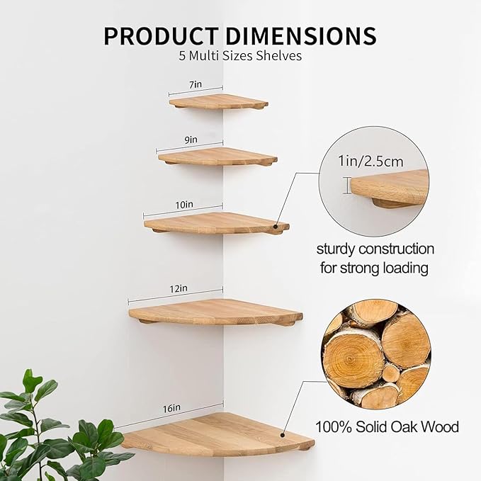 Gieanoo Corner Wall Shelf, 12inch Solid Oak Wood Floating Corner Shelf