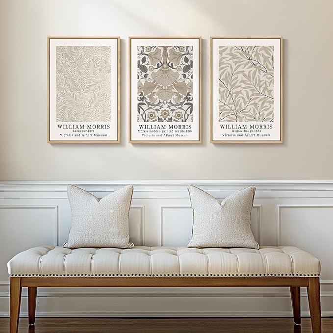 Framed Large William Morris Canvas Wall Art Set of 3, Vintage Neutral Botanical