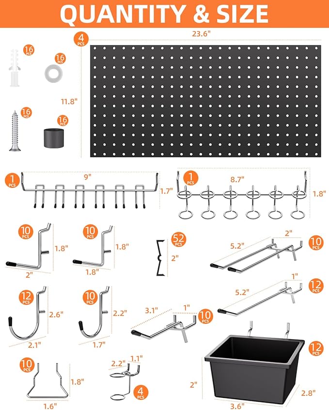 INCLY 158PCS Metal Pegboard Wall Organizer, 48x24 Inch Black Pegboard Panels
