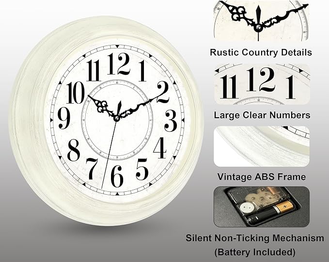 Vintage Wall Clock 16 Inch Quartz Silent Non-Ticking Analog Clock Battery