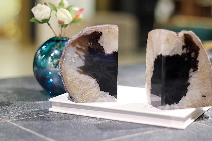 JIC Gem Agate Bookend(s) Black Bookshelf Decor geode bookends 1 Pair 3to 4 Lbs from Brazilian with Rubber Bumpers for Office and Home Decoration