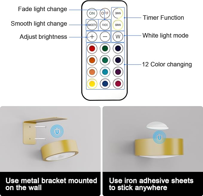 3 Pack Picture Lights for Wall, 13 RGB Color Rechargeable Battery Operated wall
