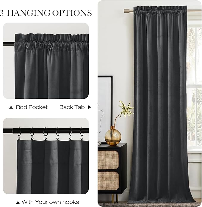 NICETOWN Grey Luxury Velvet Curtain Panels 96 inches Long 2 Panels, Home