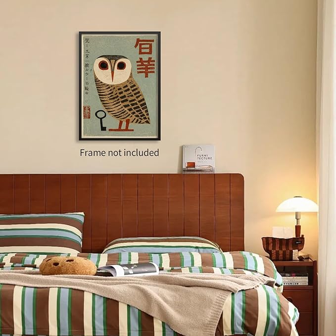 Heltrappe Vintage Japanese Canvas Wall Art Owl Poster Mid Century Animal Print