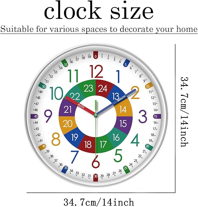 XFM Learning Clock for Kids Silent Non Ticking Battery Operated Colorful