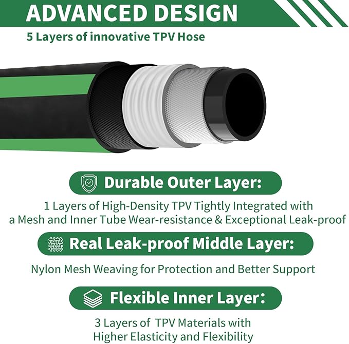 Garden Hose 75 ft Non-expandable Water Hose Flexible Durable 5 Layers TPV No Kink Lightweight Hybrid Hoses Heavy Duty with 3/4’’ Fittings-10 Way Nozzle Collapsible Outdoor Pipe for Yard Lawn