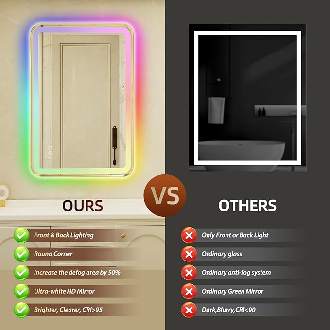 24x36 Inch Gold Framed LED Bathroom Mirror
