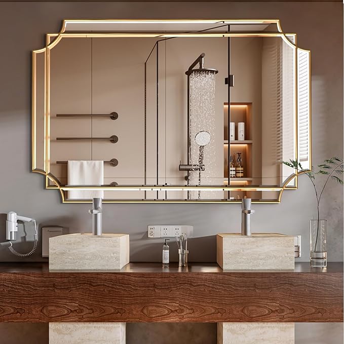 HQiJun Gold Mirror for Wall, Polished Bevelled Rectangle Mirror, Modern