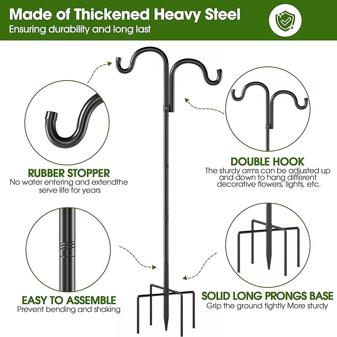Double Shepherds Hooks for Outdoor, 60" Heavy Duty Bird Feeder Pole with 5 Prong Base, Adjustable Shepherds Hook for Bird feeders Outside, Garden, Weddings, Hanging Plants, 2 Pack, Black