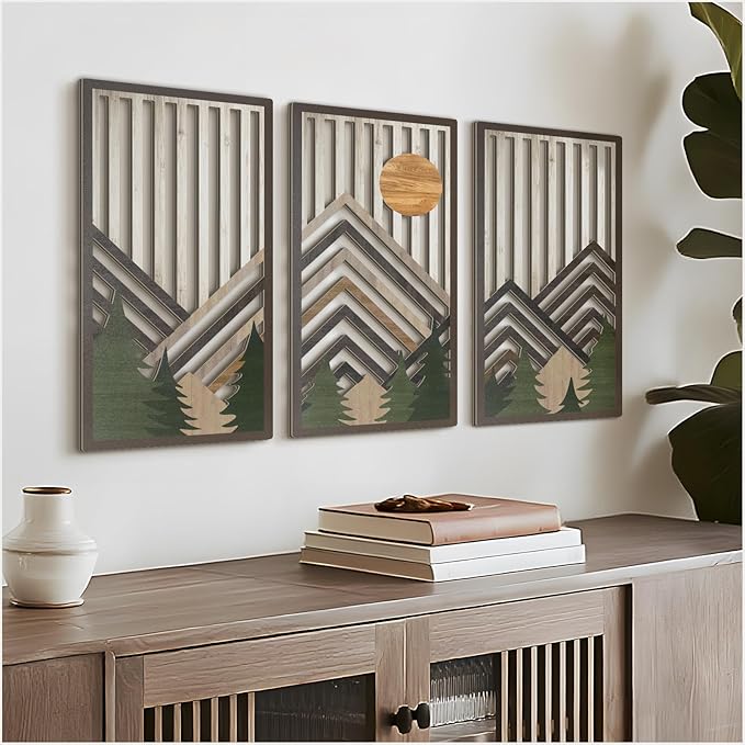 VIYYIEA Boho Solid Wood Carved Wall Art Set of 3, Geometric Minimalist Wooden
