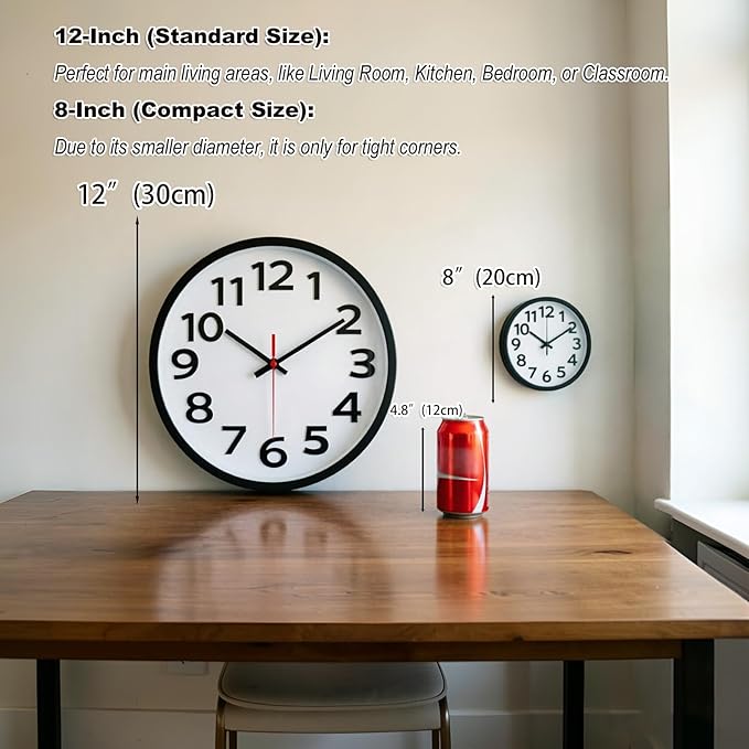 Wall Clock 12 Inch Silent Non-Ticking Big Numbers Easy to Read Wall Clocks