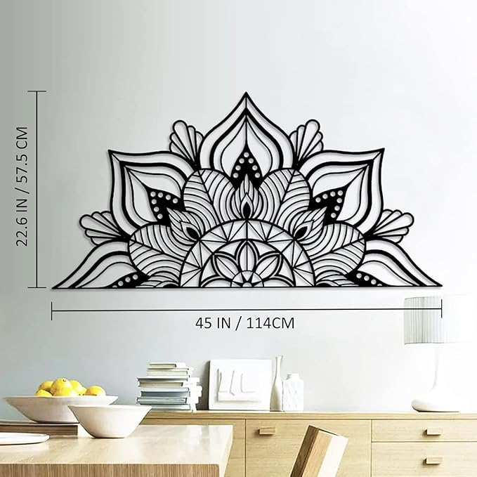 Resama Large Metal Mandala Wall Decor, Unique Lotus Flower Wall Art, Suitable for Office and Home Indoor and Outdoor Decoration (Black, 45''x22.6'' / 114x57.5cm)