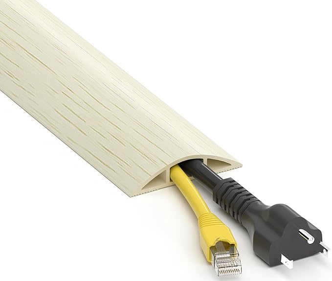 Floor Cord Cover 4ft, White Oak Wood Cord Hider Floor Hide Extension Cords, PVC Cable Management Cover, Cable Protector Wire Cavity W0.6in x H0.32in
